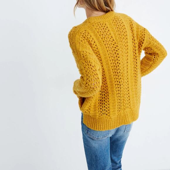Madewell Mustard Yellow Windemere Pointelle Pullover Sweater Open Knit Sz Small - Picture 2 of 9